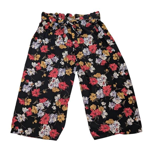 Stitch Fix West Kei Wide Leg Floral Crop Hi Rise Tie Waist Pants Black Red Sz L - Picture 1 of 4